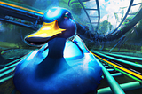 A blue duck on a roller coaster