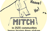 Statue of Mitch McConnell being torn down with “Heave! Ho!” on one side. Caption reads “In 2120 communities began tearing down statues of past leaders.” Illustration by Jeff Stilwell.
