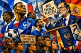 Cubist illustration of Black French football players confronting a politician as passports, national flags, and geometric shapes symbolize the political struggle over race, citizenship, and national identity.