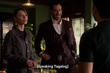 Detective Chloe Decker and Lucifer Morningstar are in a Filipino-owned flower shop. Caption reads: “speaking Tagalog”.