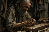 An hunched old man whittling wood in his workshop.