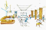 Hand-drawn sketch of a flexible video conferencing table with nearby bench seating, break out areas,  and operable partition.