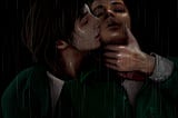 Two women soldiers in the rain, one holding the other around the neck in a passionate embrace