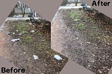 A before and after picture of a litter-picking activity. On the left, a patch is covered by waste; on the right, this waste has gone