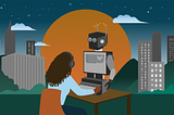 A person types at a robot-computer with the sun going down on a cityscape in the distance