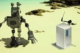 A computer processor and a robot on a deserted beach