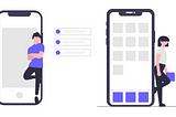 The illustration depicts two figures standing in and next to two giant cellphones.