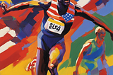 AI generated image (Stable Diffusion), the prompt is “A fauvist painting of an american athlete winning at the olympic games USA USA”