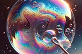 IMAGE: A hyper-realistic, close-up illustration of a soap bubble being blown up, capturing the moment the bubble forms and starts to expand, highlighting the glossy and reflective surface with rainbow-like colors due to light interference. The blurred background emphasizes the bubble’s delicate structure and dynamic motion