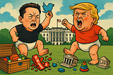 Cartoon image of the diapered infants, Elon and Donald, fighting over their toys on the White House lawn.