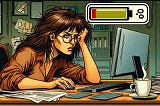 An exhausted woman with glasses looks at her computer monitor while resting her face on her left hand. On the top right hand corner there’s a battery icon depicting low energy.