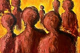 Acrylic Painting with a yellow base of people standing facing backwards.