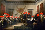 A historic painting of the Continental Congress with red dots covering the faces of most of the individuals depicted.