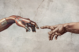 A robotic hand is extending to a human hand, recreated by AI after Michelangelo’s Creation of Adam
