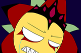 A cartoon mother’s face with sharp teeth, a grimace, and black crown