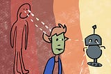 An illustration of a person staring at another person staring at a robot. White lines indicate lines of sight.