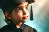 A child in a graduation cap and gown looks upward with a hopeful expression, against a softly illuminated background
