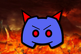 The Discord logo but with red horns and red eyes and angry eyebrows