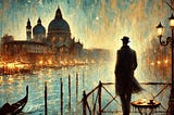 A melancholic scene of a man standing on the edge of a tall building at night, gazing at the city below. The setting is illuminated by dim streetlights and distant city lights, with a gentle breeze depicted in the movement of his coat. The sky is dark and starless, adding to the somber mood. The style is impressionistic, with soft brushstrokes and a focus on conveying emotion through light and color.