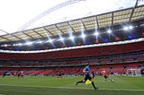 Exeter City vs Northampton Town in the 2020 League two playoff final, held behind closed doors at an empty Wembley stadium
