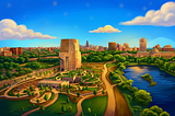 Stylized illustration of the Obama Presidential Center tower rising above its landscaped park, with the Chicago skyline and a lagoon in the background