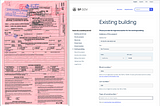 paper PDF form with 40 fields and messy writing on top next to a screenshot of a digital form with headlines and descriptions