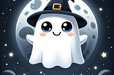 Photo of a cute ghost cartoon character floating against a dark, moonlit sky. The ghost has big round eyes, a cheerful smile, and tiny little hands. It’s wearing a tiny witch hat and is surrounded by glowing stars.