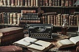 An antique typewriter sits ready amidst a collection of worn books in a classic writer’s study.