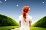 A red hairded woman looks out at a path with a background of stars.