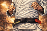 A jiu-jitsu practitioner wearing a white gi and a black belt; the left black belt tip shows “G. PINTO” while the red tip appears on the right. Image generated by AI.