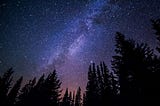 An image of the night sky, with the Milky Way as a faint ribbon of stars above the trees. Image by Free-Photos from Pixabay.