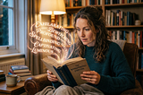 a woman reading a book with awe-inspiring words coming out of it