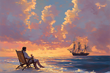 image of a man sitting in a beach chair looking at the ocean, a sailing ship in the distance, cotton candy clouds in the sky