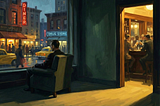 Figure watching a moment unfold elsewhere, evening light, muted interior