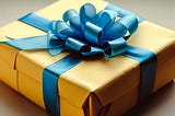 A yellow gift box with a blue ribbon