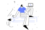 Drawing of a person holidng a laptop while sitting on a gigant pencil.