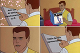 Meme contrasting Pluto manga’s themes (anti-war, AI ethics, transhumanism) with its outdated 1950s-style female character tropes | Split image shows intellectual sci-fi concepts vs. sexist stereotypes | Satirical critique of gender representation in Naoki Urasawa’s Pluto.