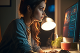 woman on her computer in an evening, backlit, side profile. She looks like a happy, content blogger.
