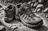 Image shows a charcoal drawing of hiking boots, set outside in nature.