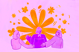 A purple and orange illustration of three people. The person in the middle is a deeper shade of purple, she is speaking and behind her is a large orange flower. To either of her sides are people supporting her.