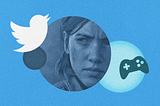 Article cover image, an abstract digital collage with a promo image of a character from The Last of Us 2, Twitter’s logo and a game controller icon