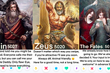 Made up Tinder Profiles of mythology characters: Odin, Zeus & The Fates