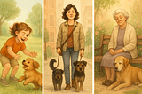 Three panels depicting life stages (child, adult, senior) with accompanying dogs.
