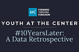 Dark blue banner that says “Youth At the Center” in all caps, white font. In light blue serif font it says, “10YearsLater: A Data Retrospective.” The Forward Through Ferguson logo is at the top.