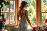 Image shows a woman standing with her back to us, wearing a lacy nighty, looking out an open window, and a cocktail on the window sill in front of her.