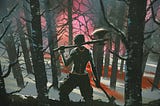 Image: A shirtless figure seen from behind, axes in each hand and blood streaking the snowy forest before them.