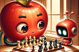A cartoon of an anthropomorphic red apple and a cute little robot, also red are sitting at a chess board. The apple seems to be playing with someone, while the robot is standing aside, studying the board.
