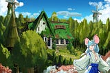 Chizu, the Shrine Maiden, stands in the Great Forest. She looks back at the Forest’s Inn, surrounded by luscious greenery, verdant trees, and the bright sky.