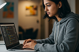 A young Indian woman, wearing a hoodie, is typing on a keyboard with Python code visible on the screen.