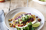 Chipotle Black Bean Tacos with Red Cabbage Slaw, Grilled Corn Salsa and Edamame Guacamole